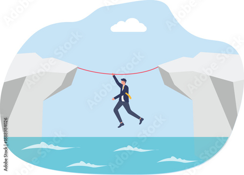 Professional Walking on Tightrope Between Cliffs Over Water Representing Risk