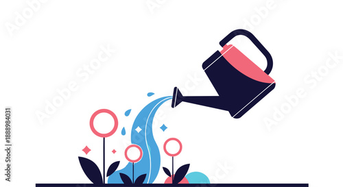 Dark blue watering can pouring water onto small flowers growing in a garden representing nature care and growth.