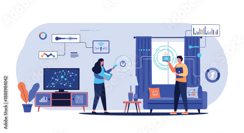 Couple managing their smart home devices and energy consumption using digital interfaces in a modern living room.