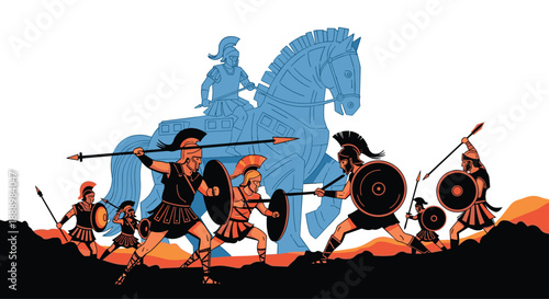 Ancient Greek soldiers in armor fighting a battle in front of the legendary wooden Trojan horse under a bright sky.
