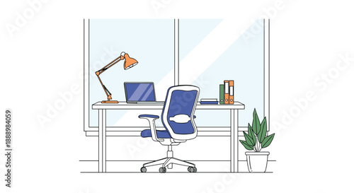 Modern home office workspace with a comfortable blue ergonomic chair standing in front of a white desk near a large window.