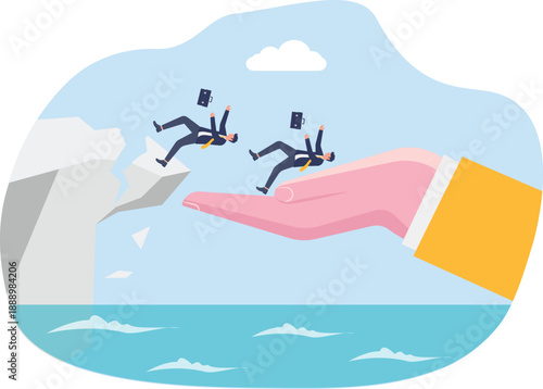 Giant Hand Saving Professionals Falling from Broken Cliff