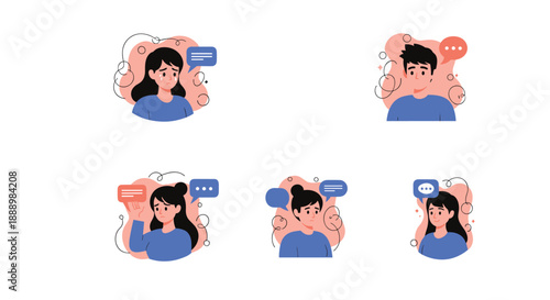 Collection of female character avatars showing different emotions like sadness worry and thinking with speech bubbles.