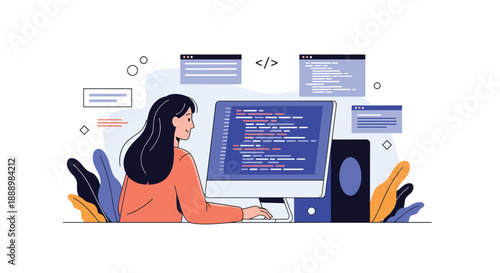 Female computer programmer coding on a desktop computer with windows of source code floating around her head in a creative workspace.