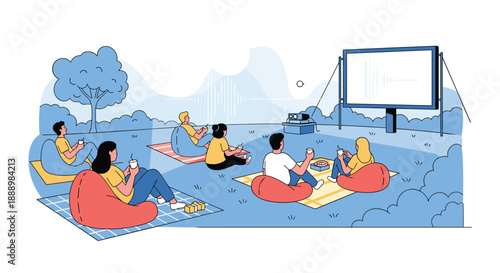 Group of friends enjoying a movie night at an outdoor cinema sitting on bean bags on the grass under a blue sky during summer vacation.