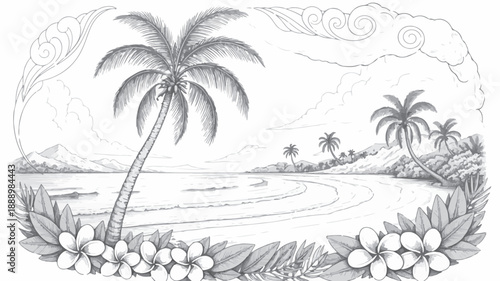 Detailed black and white line art of a tropical beach, featuring swaying palm trees, calm ocean waves, and plumeria blossoms in a serene island paradise