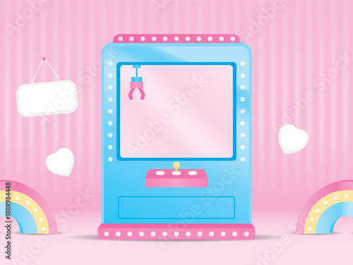 cute claw machine with kawaii rainbow on sweet pastel pink background graphic vector 