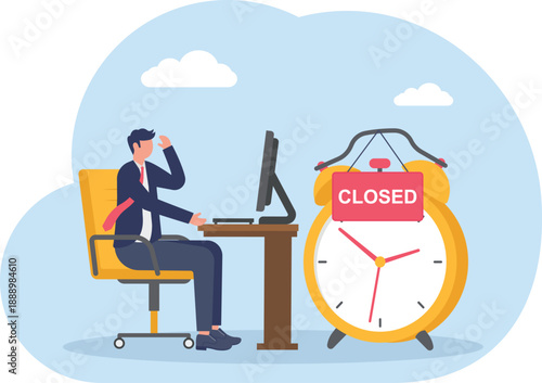 Stressed Professional at Desk with Giant Clock Labeled Closed