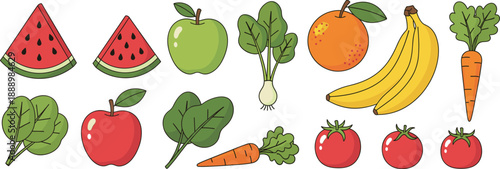 Colorful fresh fruits and vegetables vector illustration showing healthy food abundance
