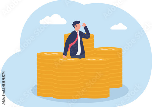 Professional Stuck in Middle of Large Stack of Gold Coins Looking Out