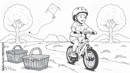 A child with a helmet happily rides a bicycle in the park while a kite flies in the sky and picnic baskets are nearby, presented as a black and white line drawing