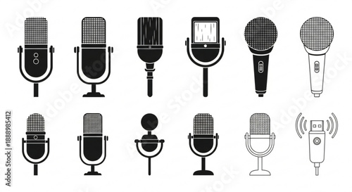 Collection of various microphones and recording equipment in black and white