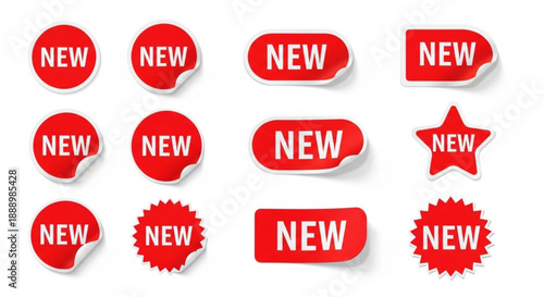 Collection of various red new badges and stickers for marketing