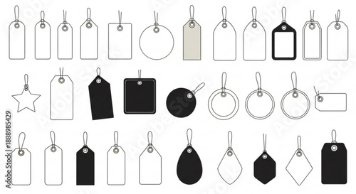 Collection of various blank black and white price tags and labels for shopping and discount purposes