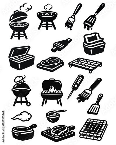 Grilling and BBQ Icons Set - Black and White Vector Illustrations