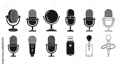 Collection of various microphones and recording equipment icons in black and white