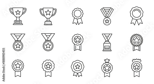 Collection of various award icons and medals in line art style