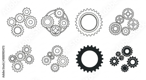 Collection of various gear icons in different shapes and sizes
