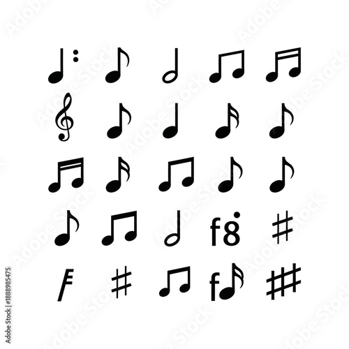 An assortment of fundamental black musical notation symbols and elements on a white background.