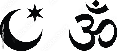 Islamic crescent star, Hindu Om symbol, religious icons, cultural harmony, spiritual signs, CAD drawing flat vector illustration