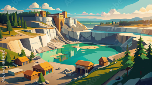 Very beautiful Rummu quarry in Estonia features turquoise waters, limestone cliffs, and submerged structures, transforming an abandoned industrial site into a striking summer nature attraction.