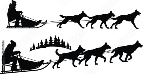 Silhouette of a person driving a dog sled team across a snowy landscape with pine trees in the background