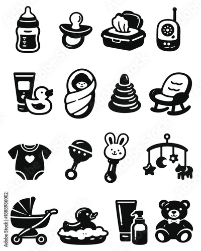 Newborn Baby Essentials Vector Icons Set in Monochrome Style