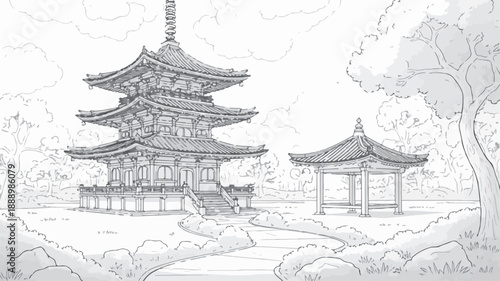 Detailed black and white line drawing of a traditional Asian pagoda and pavilion nestled in a serene landscape, perfect for coloring or architectural study