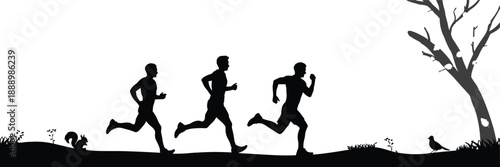 Silhouettes of three men running in a park with a squirrel and bird adding natural to the scene jogging