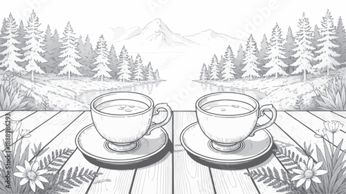 A tranquil black and white line drawing depicts two steaming cups of coffee on a wooden deck overlooking a serene lake and majestic mountains, surrounded by pine trees and delicate flowers