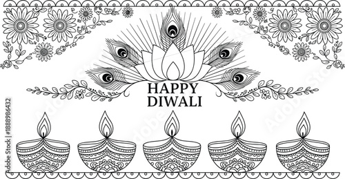 Diwali celebration design, lotus and lamps, peacock feathers, festive border art, HAPPY DIWALI text, CAD drawing flat vector illustration