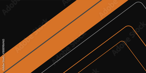 Black abstract wide horizontal banner with orange and gray lines, arrows and angles. Dark modern sporty bright futuristic abstract background.