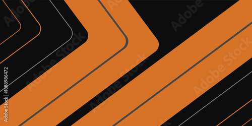 Black abstract wide horizontal banner with orange and gray lines, arrows and angles. Dark modern sporty bright futuristic abstract background.