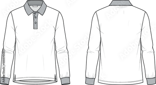 Long-sleeve polo shirt technical sketch with contrast collar, button placket, cuff detail, and front back fashion views