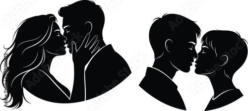 Romantic couple silhouette, intimate pose, love expression, emotional connection, black and white art, CAD drawing flat vector illustration