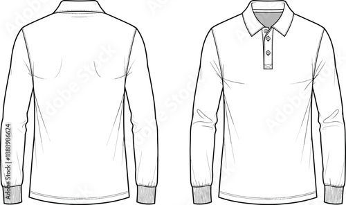 Long-sleeve polo shirt technical sketch with classic collar, button placket, ribbed cuffs, and front back fashion design views