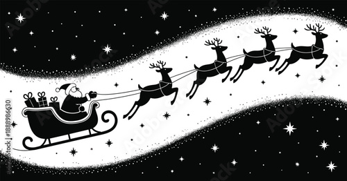Whimsical black and white of Santa Claus in his sleigh pulled by reindeer across a starry night sky with festive gifts