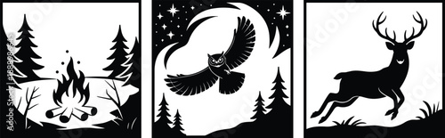 Triptych silhouette featuring a campfire in a forest, a flying owl under a crescent moon, and a leaping deer against a white background