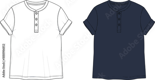 Men short sleeve henley t shirt fashion flat technical sketch with button placket and rolled cuffs apparel illustration