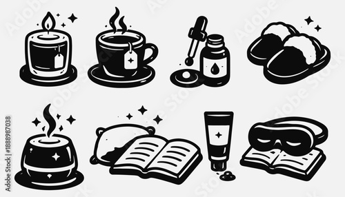 Black and White Cozy Bedtime Routine Icons Set