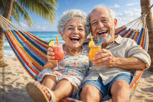 Cartoon of a smiling senior couple enjoying tropical drinks in a colorful hammock under palm trees on the beach. Senior couple relaxing with tropical drinks at a vacation resort