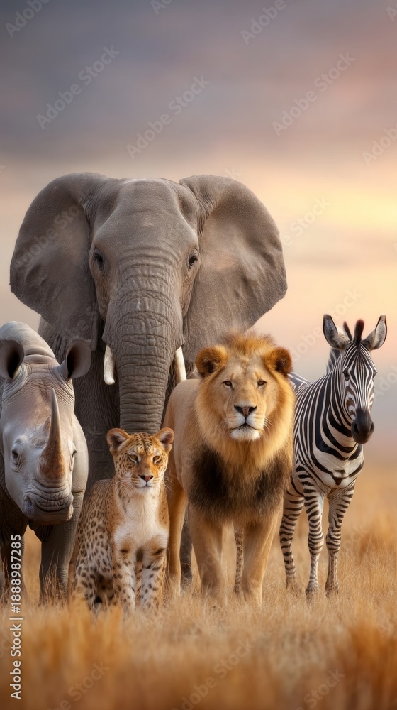 Obraz premium A majestic assembly of animals stands together in the golden light of sunset on the African plains. An elephant, lion, leopard, zebra, and rhino showcase nature's wonders in harmony