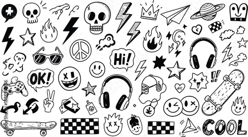 Black and white doodle art collection with various icons and symbols Keywords: doodle, drawing