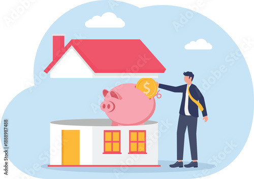 Real Estate Savings Concept with Professional Putting Coin in Piggy Bank