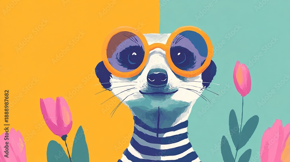 Fototapeta premium Meerkat wearing glasses and striped shirt with flowers in colorful background