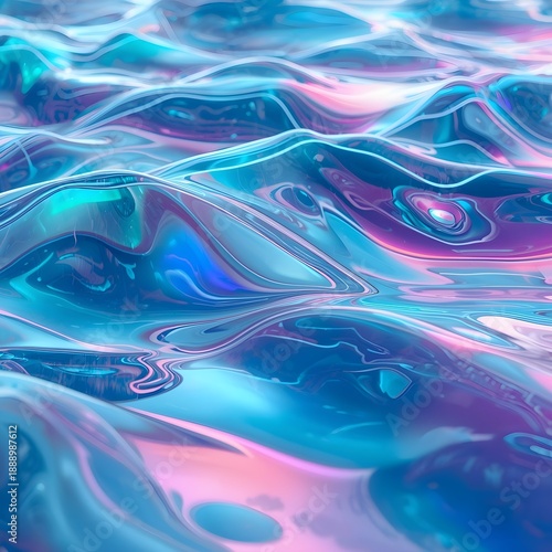 Abstract flowing waves made of translucent glass with vibrant blue, cyan, and pink hues. Futuristic liquid crystal surface with smooth reflections and glossy textures, creating a dreamy background