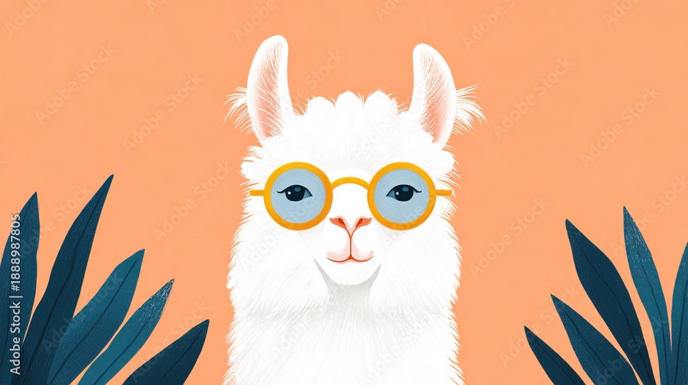Fototapeta premium Llama with glasses in front of a bright orange background and green leaves