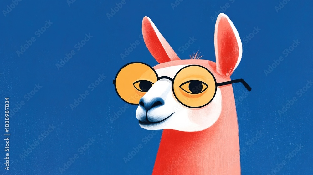 Obraz premium Llama wearing large glasses stands in front of a solid blue background with a friendly expression and a bright face