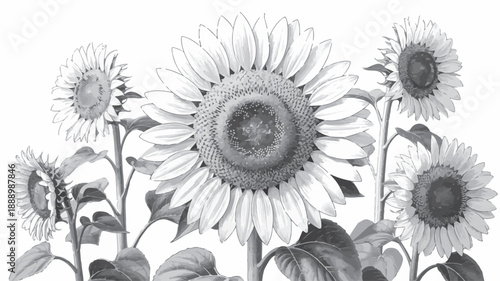 Captivating Black and White Botanical Illustration of Sunflowers in Bloom