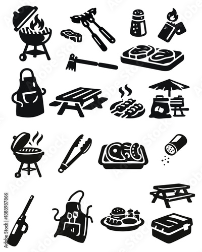 BBQ and Grilling Icons Set: Outdoor Summer Cookout Tools and Food Vector Collection